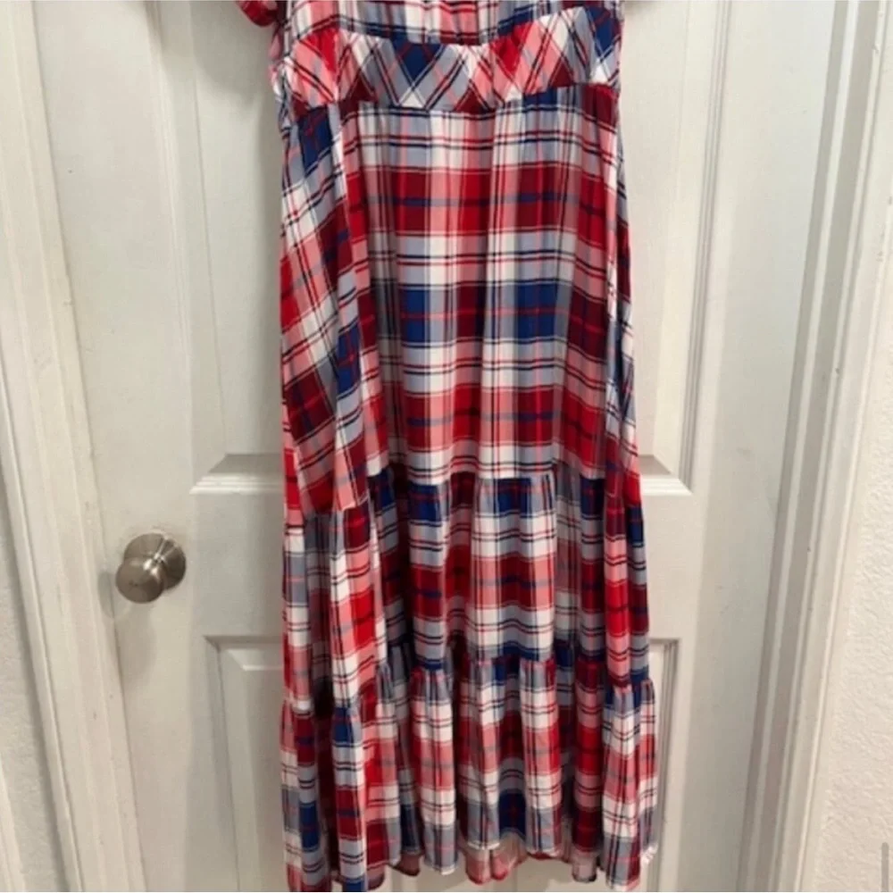 Torrid Puff Sleeve Tiered Midi Dress - Challis Plaid Red & Blue Sz14-16 (1X) EUC - Picture 11 of 14